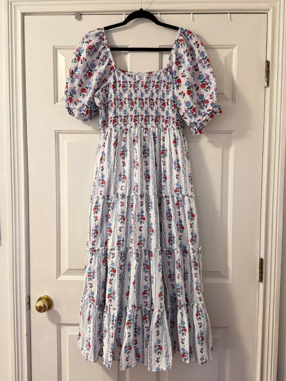 Pink City Prints Cindy Alpine Mix White Floral Tiered Midi Dress Women's Medium - Picture 8 of 8